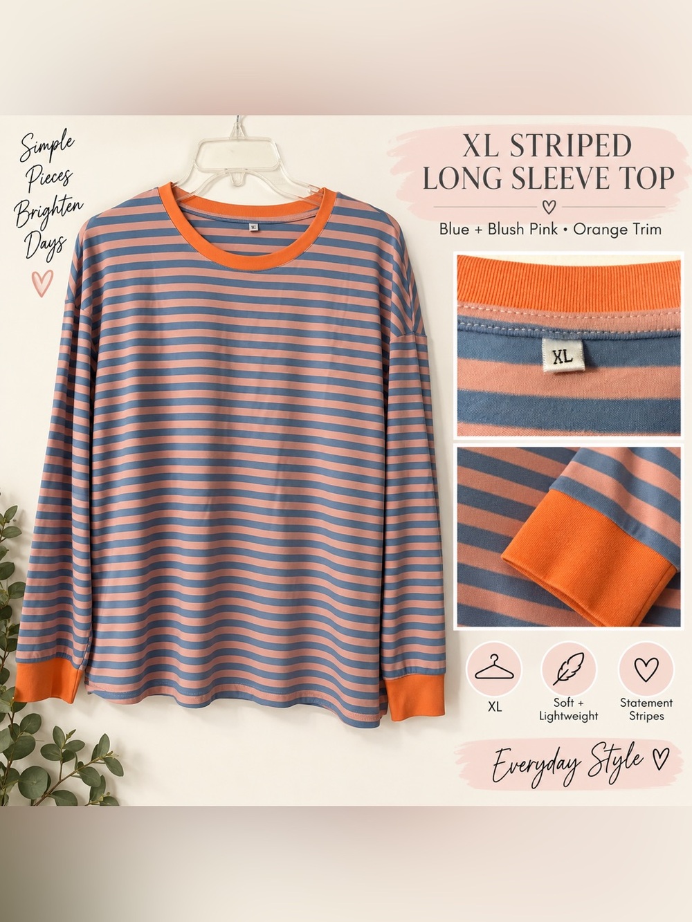 Amazon Striped Long Sleeve Top in Blue & Blush Pink with Orange Trim
